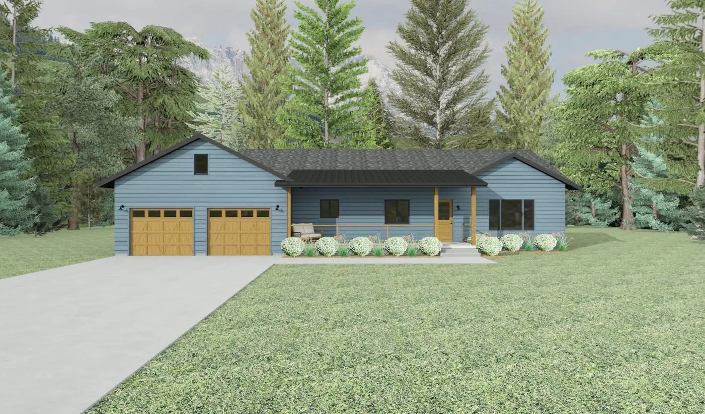 Fruitwood home with blue siding and wood garage doors